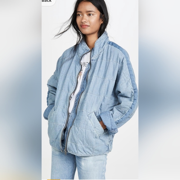 Free People Dolman Medium Wash Quilted Denim Bomber Zip Jacket Sz L Cotton Boho